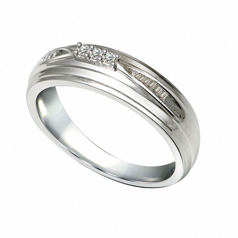 Men's 0.10 CT. T.W. Natural Diamond Three Stone Wedding Band in Solid 10K White Gold