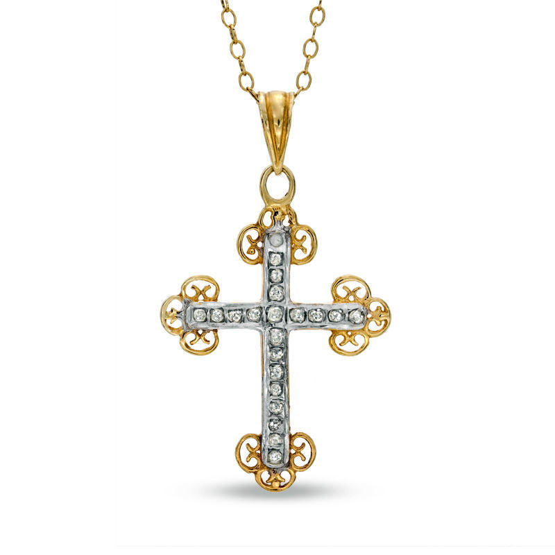 Natural Diamond Fascination™ Antique Vintage-Style Cross Pendant in Sterling Silver and 18K Gold Plate