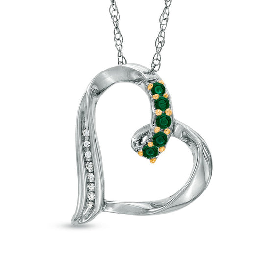 Lab-Created Emerald and Diamond Accent Looping Heart Pendant in Sterling Silver
