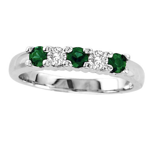 Emerald and 0.20 CT. T.W. Natural Diamond Five Stone Band in Solid 14K White Gold