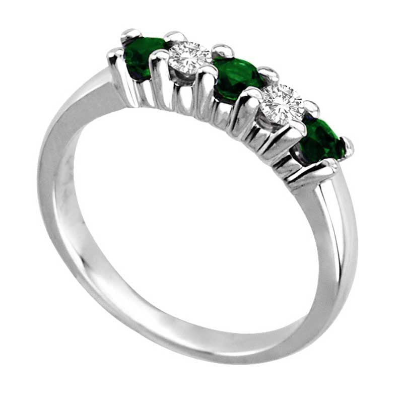Emerald and 0.20 CT. T.W. Natural Diamond Five Stone Band in Solid 14K White Gold