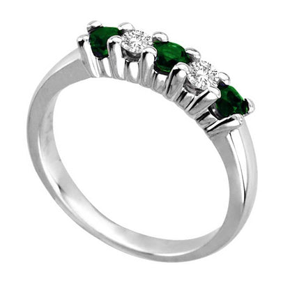 Emerald and 0.20 CT. T.W. Natural Diamond Five Stone Band in Solid 14K White Gold