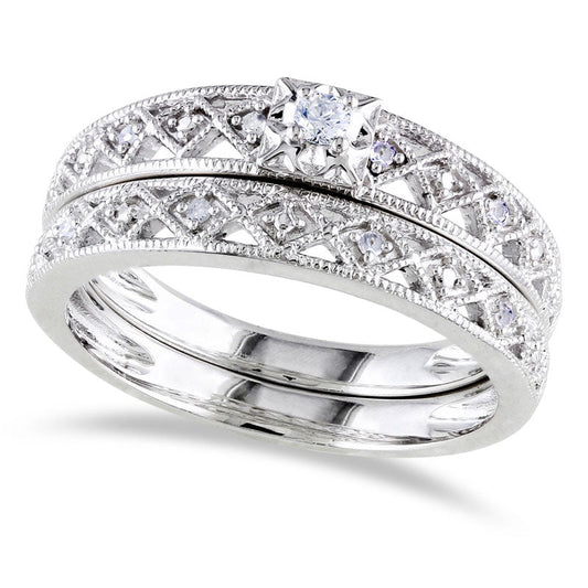 0.10 CT. T.W. Natural Diamond Art Deco Bridal Engagement Ring Set in Sterling Silver