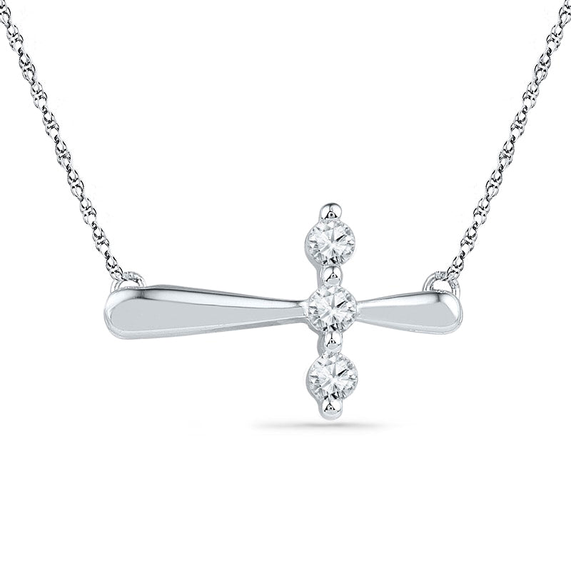 0.17 CT. T.W. Natural Diamond Three Stone Sideways Cross Necklace in Sterling Silver