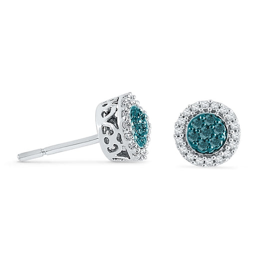 0.25 CT. T.W. Enhanced Blue and White Diamond Cluster Frame Stud Earrings in 10K White Gold