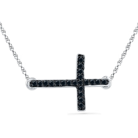 Enhanced Black Natural Diamond Accent Sideways Cross Necklace in Sterling Silver