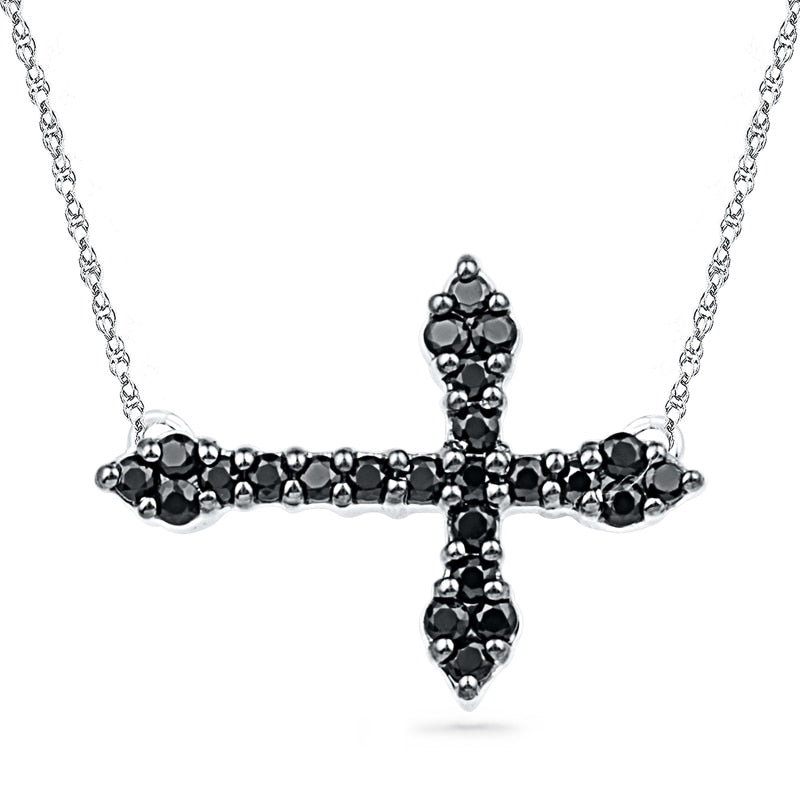 0.25 CT. T.W. Enhanced Black Natural Diamond Gothic-Style Sideways Cross Necklace in Sterling Silver