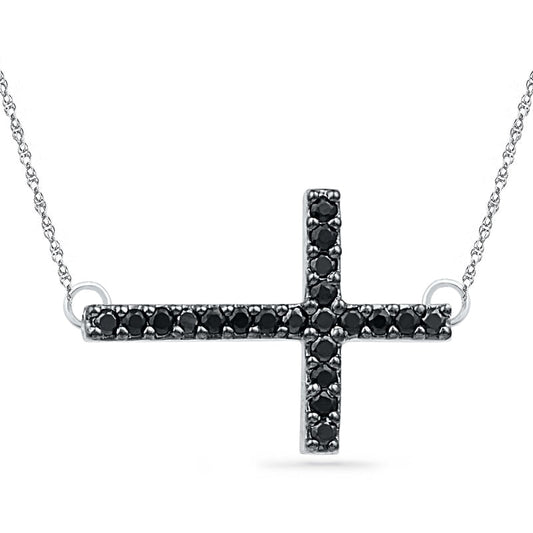 0.17 CT. T.W. Enhanced Black Natural Diamond Stick Sideways Cross Necklace in Sterling Silver