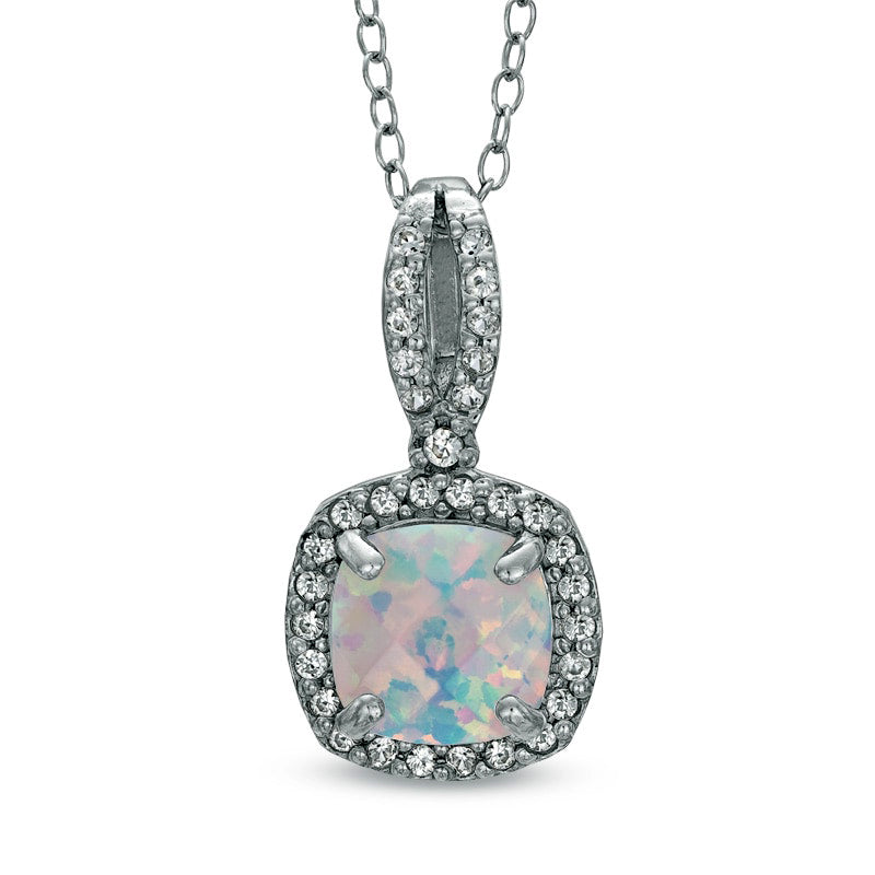 7.0mm Cushion-Cut Lab-Created Opal and White Sapphire Pendant in Sterling Silver