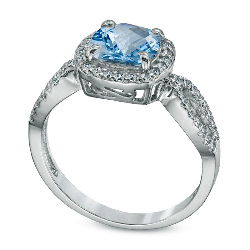 7.0mm Cushion-Cut Simulated Aquamarine and Lab-Created White Sapphire Ring in Sterling Silver