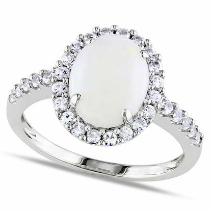 Oval Opal and Lab-Created White Sapphire Frame Ring in Solid 10K White Gold