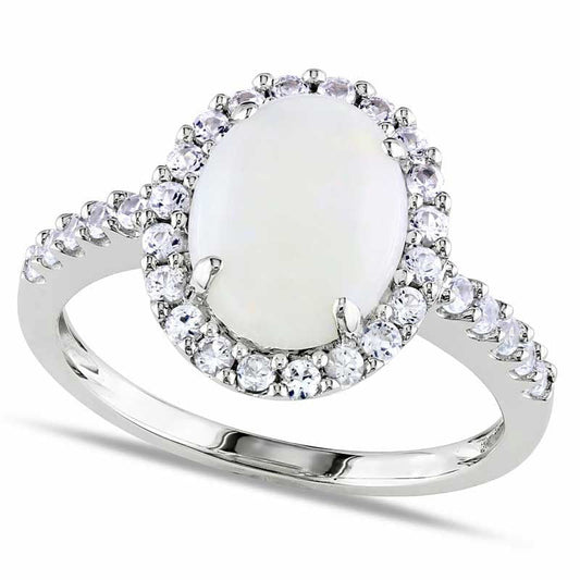 Oval Opal and Lab-Created White Sapphire Frame Ring in Solid 10K White Gold