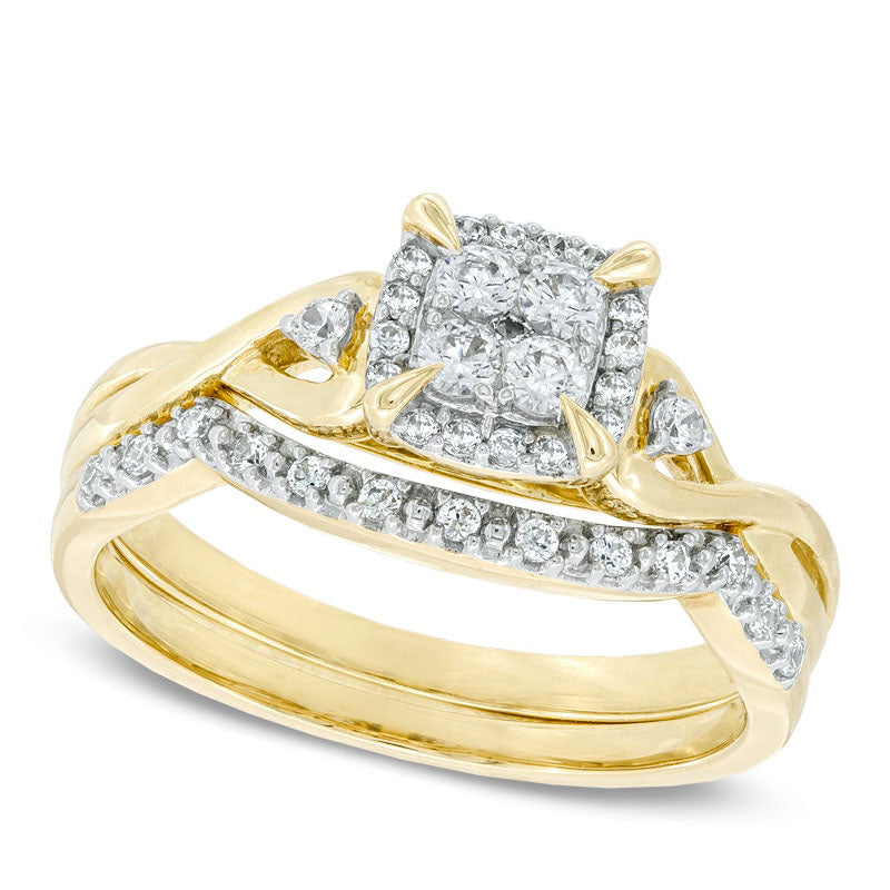 0.33 CT. T.W. Quad Natural Diamond Frame Bridal Engagement Ring Set in Solid 10K Yellow Gold