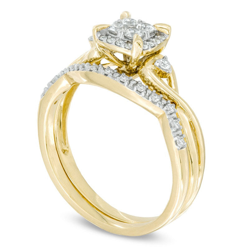 0.33 CT. T.W. Quad Natural Diamond Frame Bridal Engagement Ring Set in Solid 10K Yellow Gold