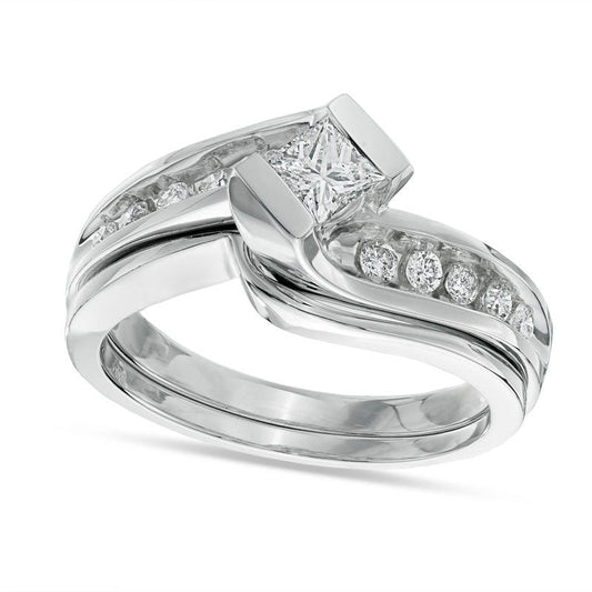 0.50 CT. T.W. Princess-Cut Natural Diamond Bypass Bridal Engagement Ring Set in Solid 14K White Gold