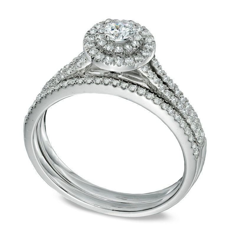 0.50 CT. T.W. Natural Diamond Double Frame Bridal Engagement Ring Set in Solid 14K White Gold