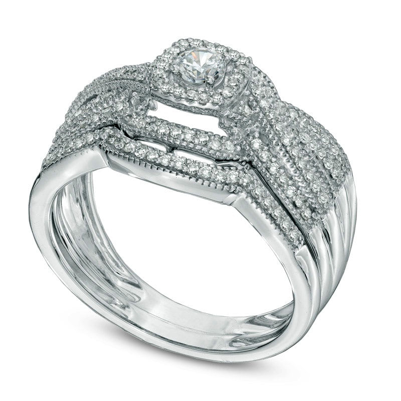 0.50 CT. T.W. Natural Diamond Layered Antique Vintage-Style Frame Bridal Engagement Ring Set in Solid 14K White Gold