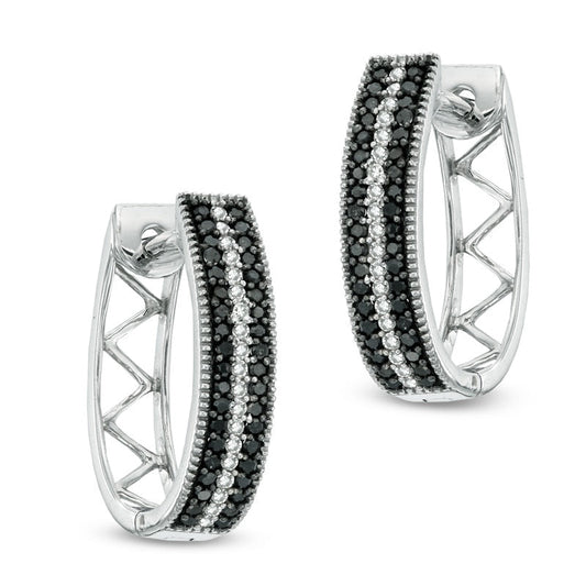 0.33 CT. T.W. Black Enhanced and White Diamond Stripe Oval Hoop Earrings in 10K White Gold