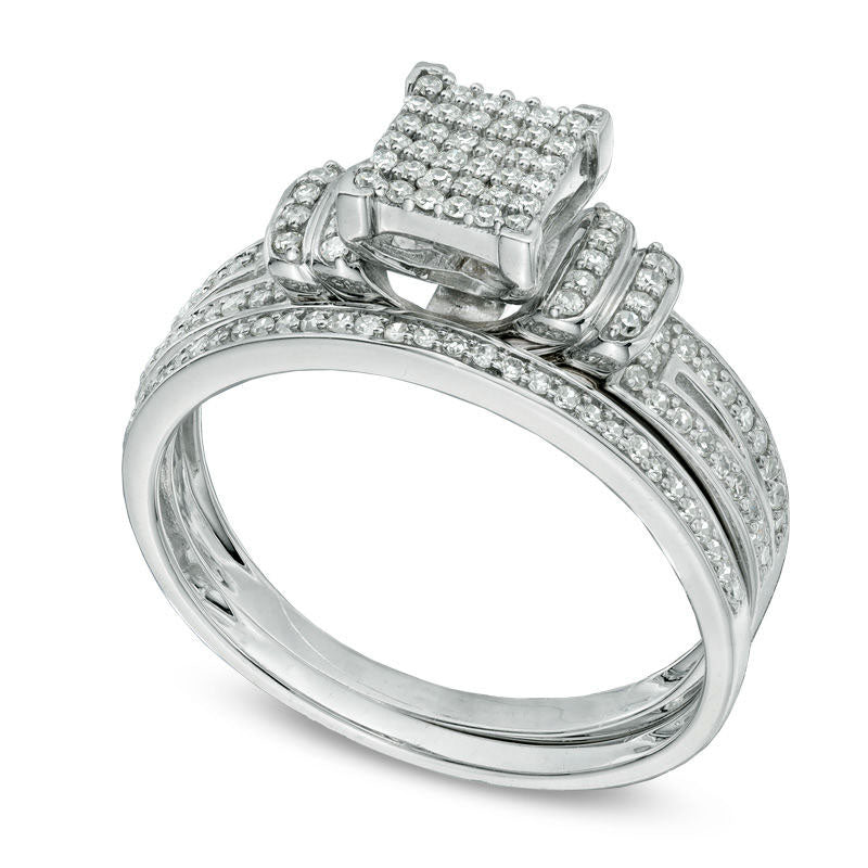 0.33 CT. T.W. Natural Diamond Square Composite Double Collar Bridal Engagement Ring Set in Solid 10K White Gold