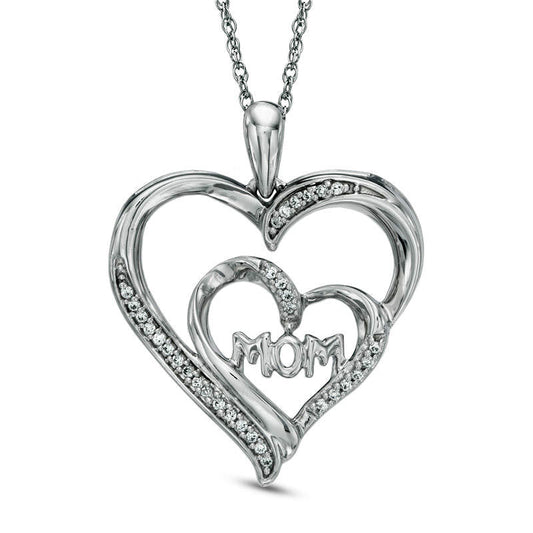 0.1 CT. T.W. Natural Diamond MOM" Double Heart Pendant in Sterling Silver"