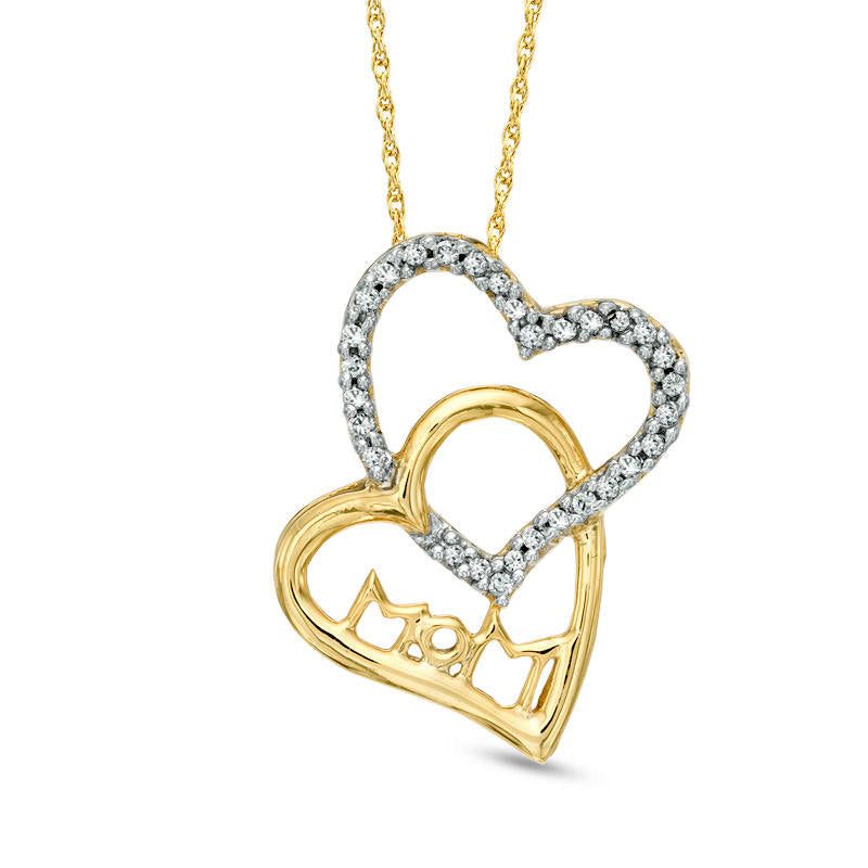 0.1 CT. T.W. Natural Diamond Double Heart Mom" Pendant in 10K Yellow Gold"