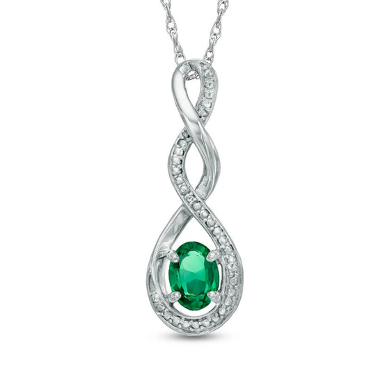 Oval Lab-Created Emerald and Diamond Accent Infinity Twist Pendant in Sterling Silver