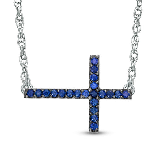 Lab-Created Blue Sapphire Sideways Cross Necklace in Sterling Silver