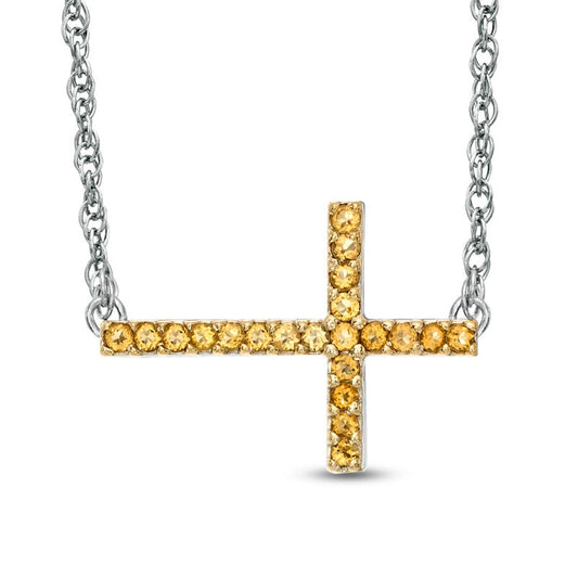 Citrine Sideways Cross Necklace in Sterling Silver