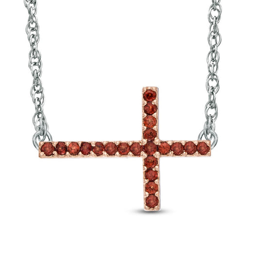 Garnet Sideways Cross Necklace in Sterling Silver