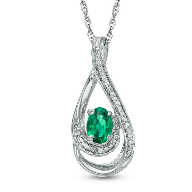 Oval Lab-Created Emerald and Diamond Accent Loop Pendant in Sterling Silver