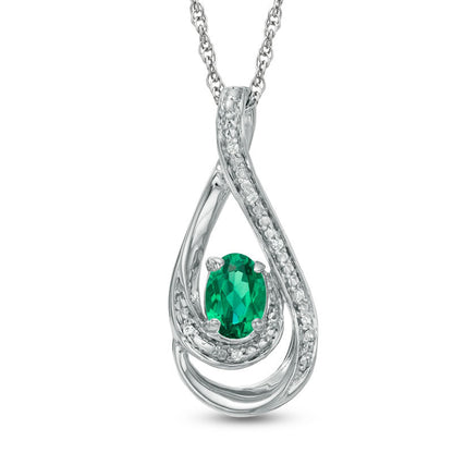 Oval Lab-Created Emerald and Diamond Accent Loop Pendant in Sterling Silver