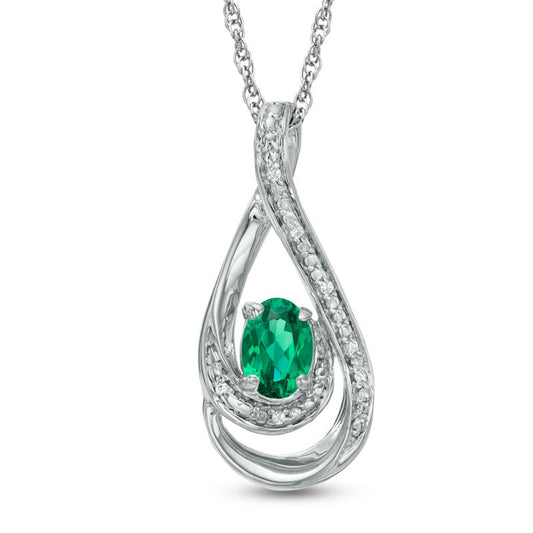 Oval Lab-Created Emerald and Diamond Accent Loop Pendant in Sterling Silver