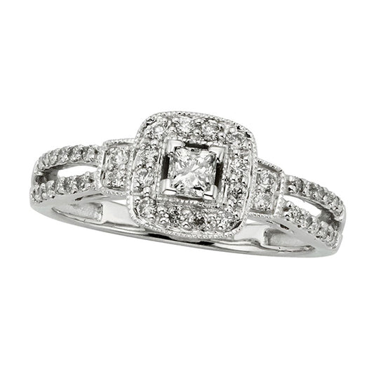 0.50 CT. T.W. Certified Princess-Cut Natural Diamond Frame Split Shank Engagement Ring in Solid 10K White Gold (I/I2)