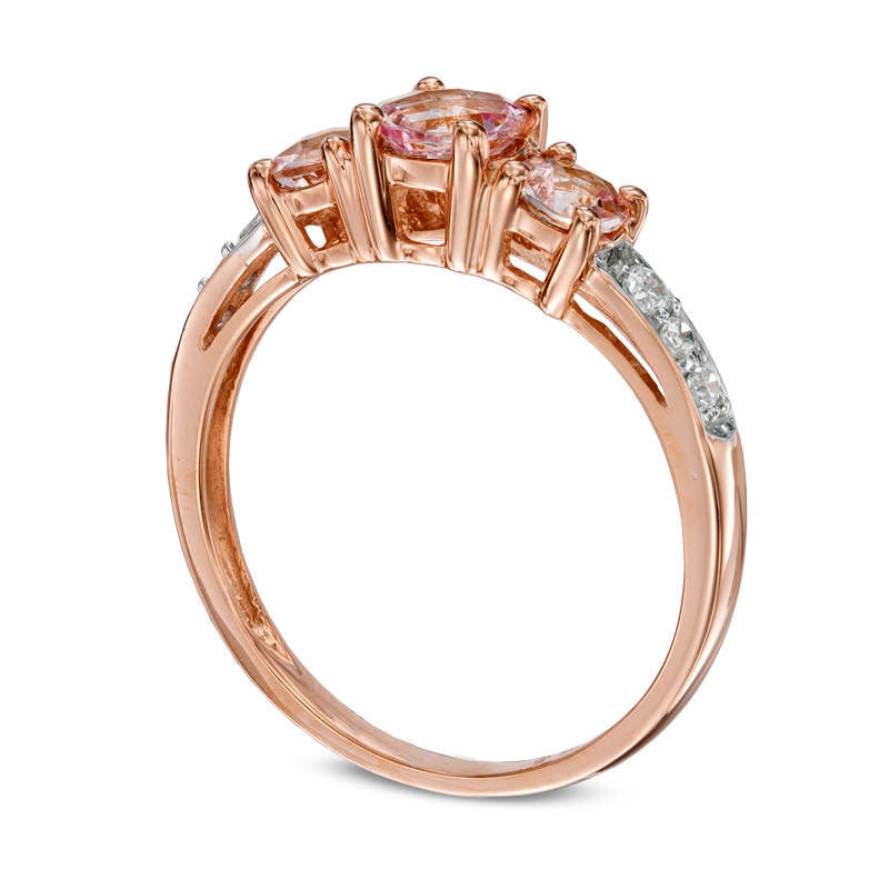 5.0mm Morganite and 0.10 CT. T.W. Natural Diamond Three Stone Engagement Ring in Solid 10K Rose Gold