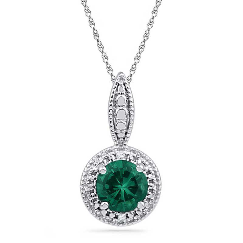 6.5mm Lab-Created Emerald and Diamond Accent Frame Pendant in Sterling Silver