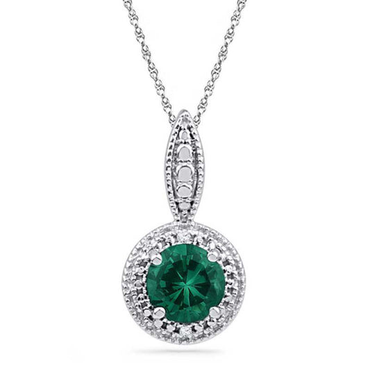 6.5mm Lab-Created Emerald and Diamond Accent Frame Pendant in Sterling Silver