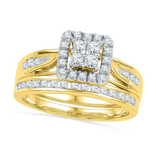 0.50 CT. T.W. Quad Natural Diamond Frame Bridal Engagement Ring Set in Solid 10K Yellow Gold