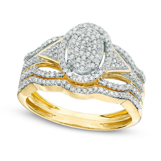 0.33 CT. T.W. Natural Diamond Oval Composite Frame Bridal Engagement Ring Set in Solid 10K Yellow Gold