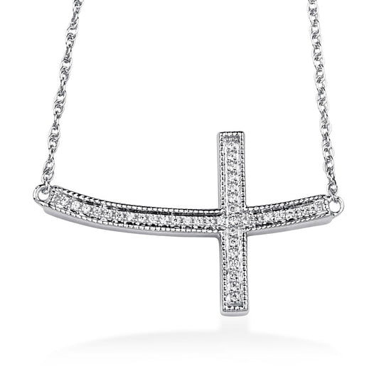 0.1 CT. T.W. Natural Diamond Curved Sideways Cross Necklace in Sterling Silver