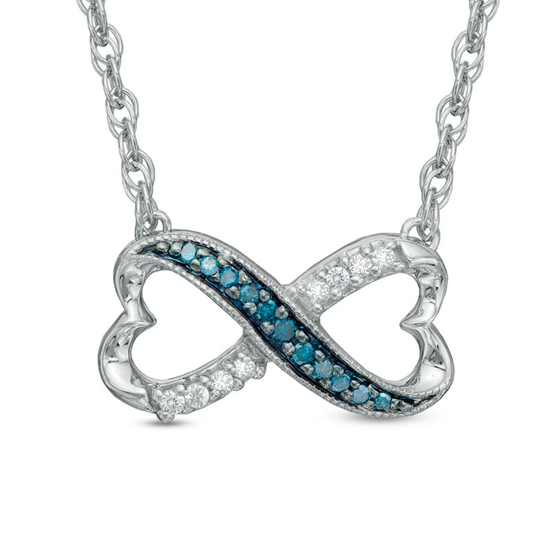 0.1 CT. T.W. Enhanced Blue and White Natural Diamond Sideways Heart Infinity Pendant in Sterling Silver