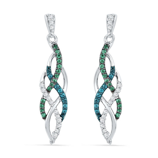 0.25 CT. T.W. Enhanced Blue, Green and White Diamond Braided Drop Earrings in 10K White Gold