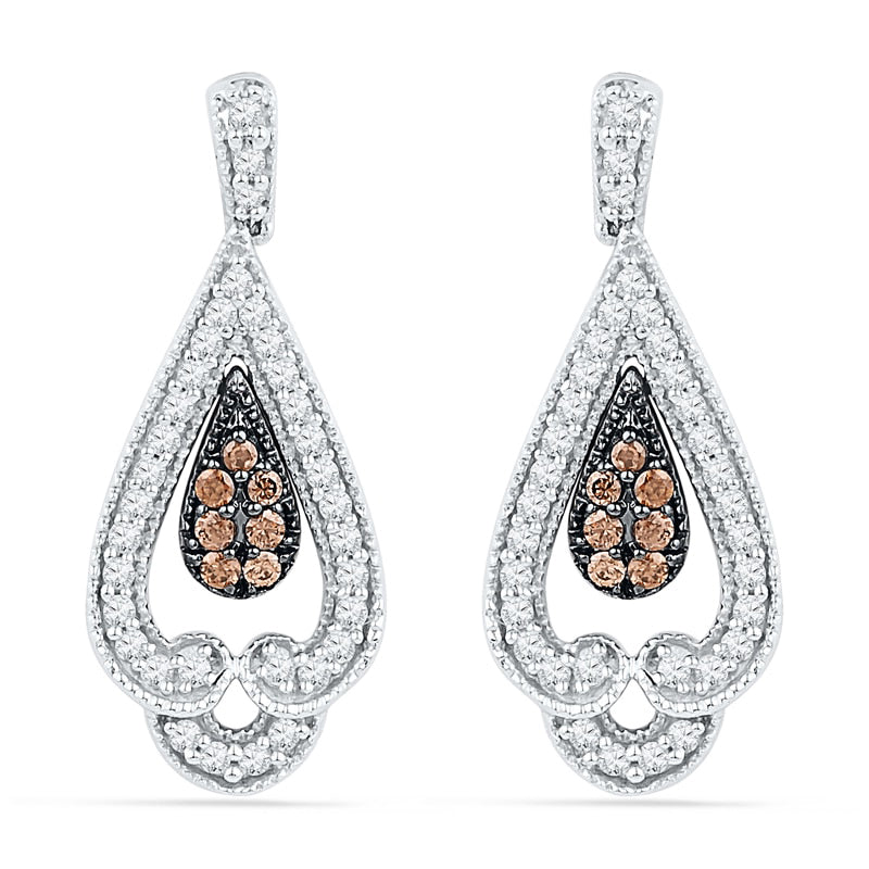 0.5 CT. T.W. Champagne and White Diamond Vintage-Style Teardrop Earrings in 10K White Gold