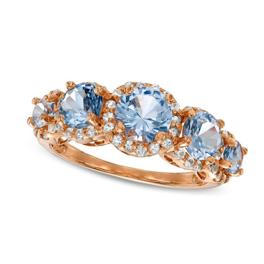 6.0mm Simulated Aquamarine and Lab-Created White Sapphire Five Stone Ring in Sterling Silver with Solid 14K Rose Gold Plate