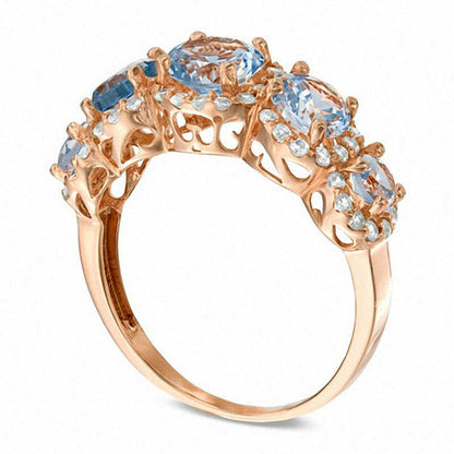 6.0mm Simulated Aquamarine and Lab-Created White Sapphire Five Stone Ring in Sterling Silver with Solid 14K Rose Gold Plate