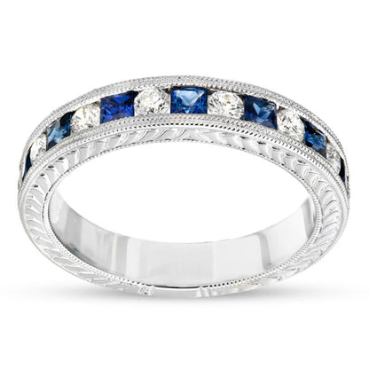 Princess-Cut Blue Sapphire and 0.50 CT. T.W. Natural Diamond Semi-Mount Bridal Engagement Ring Set in Solid 14K White Gold