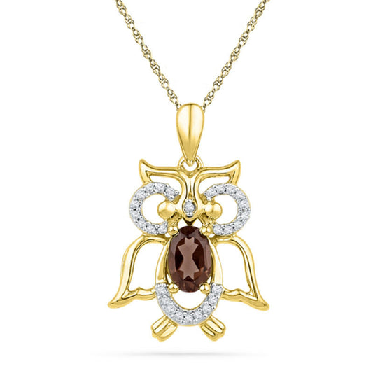 Oval Smoky Quartz and Natural Diamond Accent Owl Pendant in 10K Yellow Gold