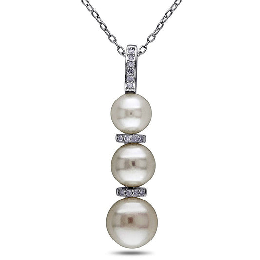 6.0 - 8.5mm Cultured Freshwater Pearl and Natural Diamond Accent Triple Drop Pendant in Sterling Silver