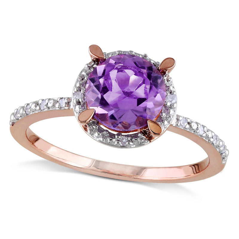 7.0mm Amethyst and Natural Diamond Accent Engagement Ring in Solid 10K Rose Gold