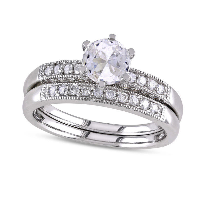 6.5mm Lab-Created White Sapphire and 0.33 CT. T.W. Diamond Bridal Engagement Ring Set in Solid 10K White Gold