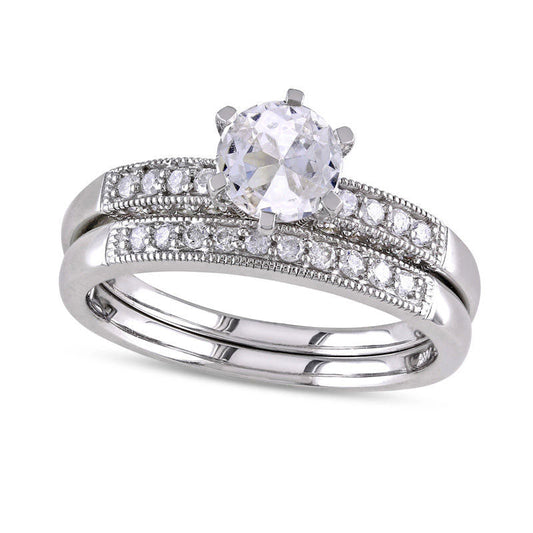6.5mm Lab-Created White Sapphire and 0.33 CT. T.W. Diamond Bridal Engagement Ring Set in Solid 10K White Gold